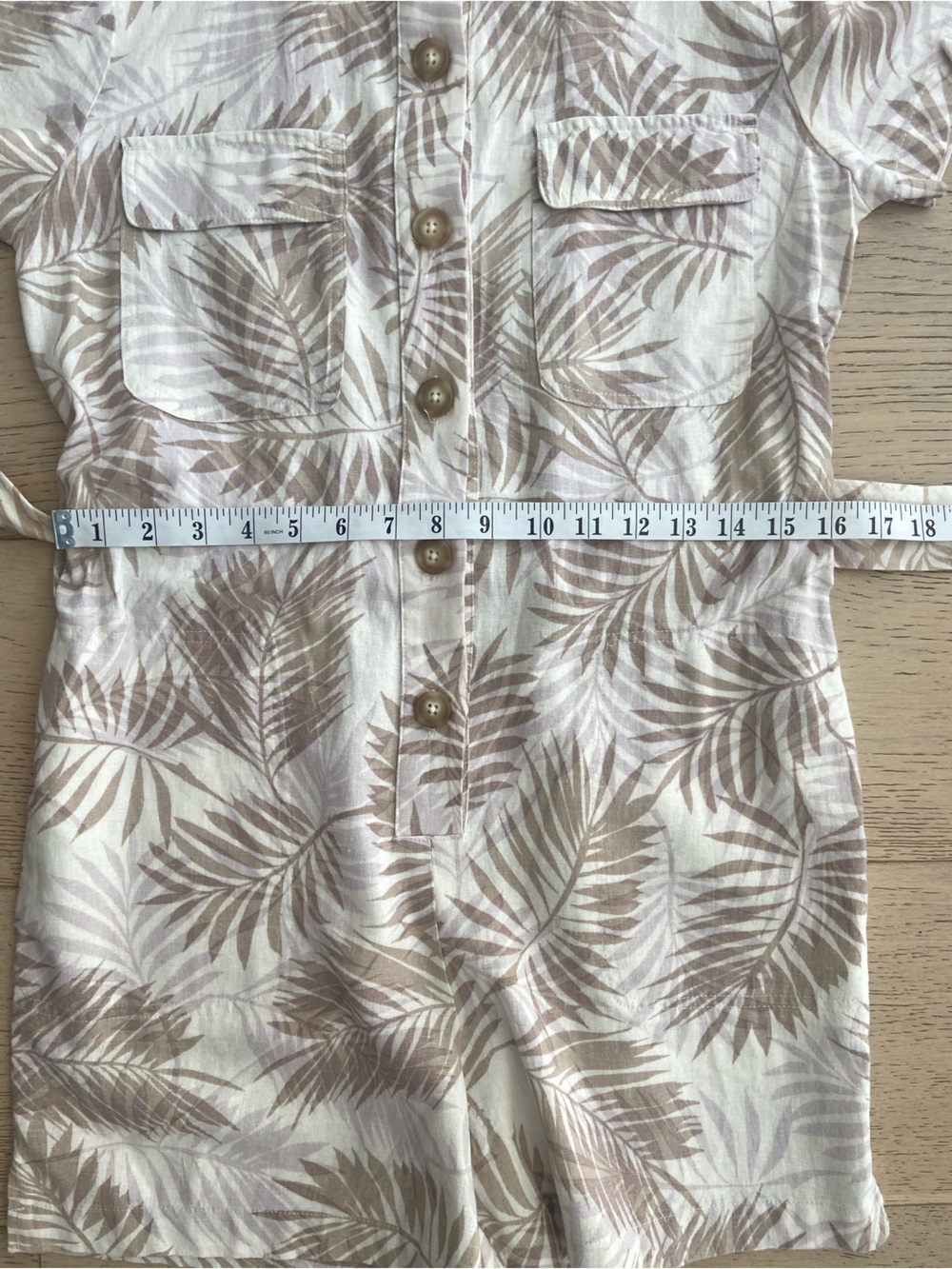 Linen Blend Romper Small Neutral Palm Print Tie Waist Pockets | Matty M - Picture 7 of 8